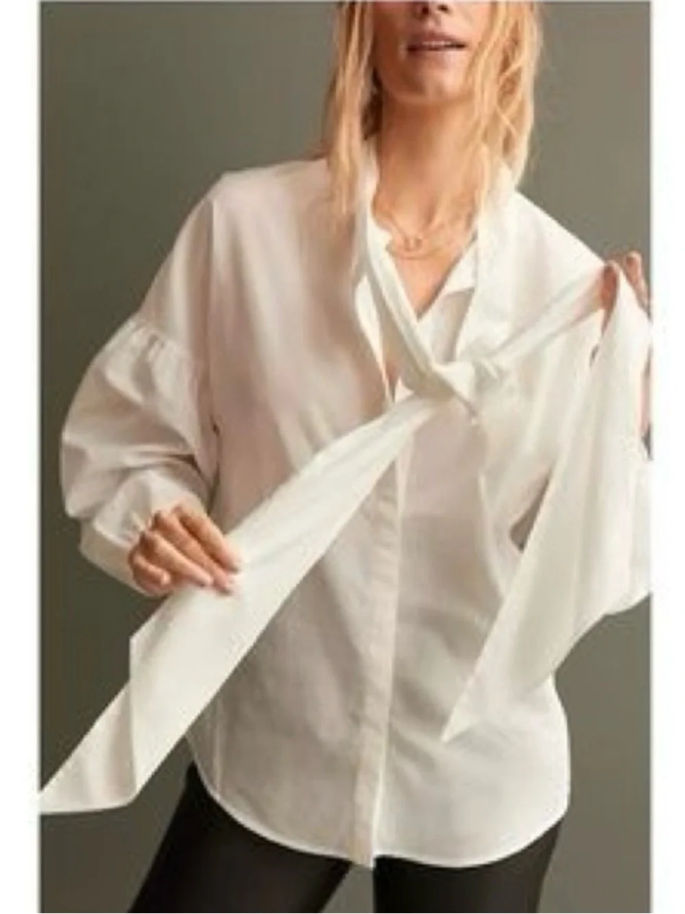 Anthropologie White Bow-Tie Puff Sleeve Blouse